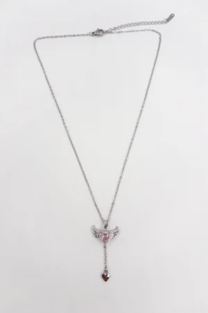 Kalpli Kanat Model Pembe Zirkon Taşlı Çelik Kolye