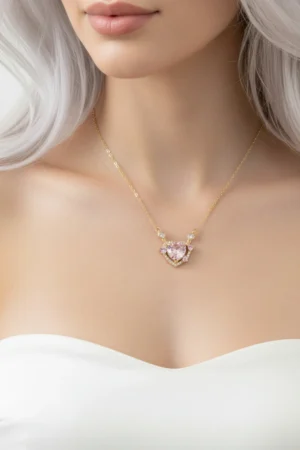 Kalp Model Pembe Taşlı Paslanmaz Çelik Gold Renk Kadın Kolye