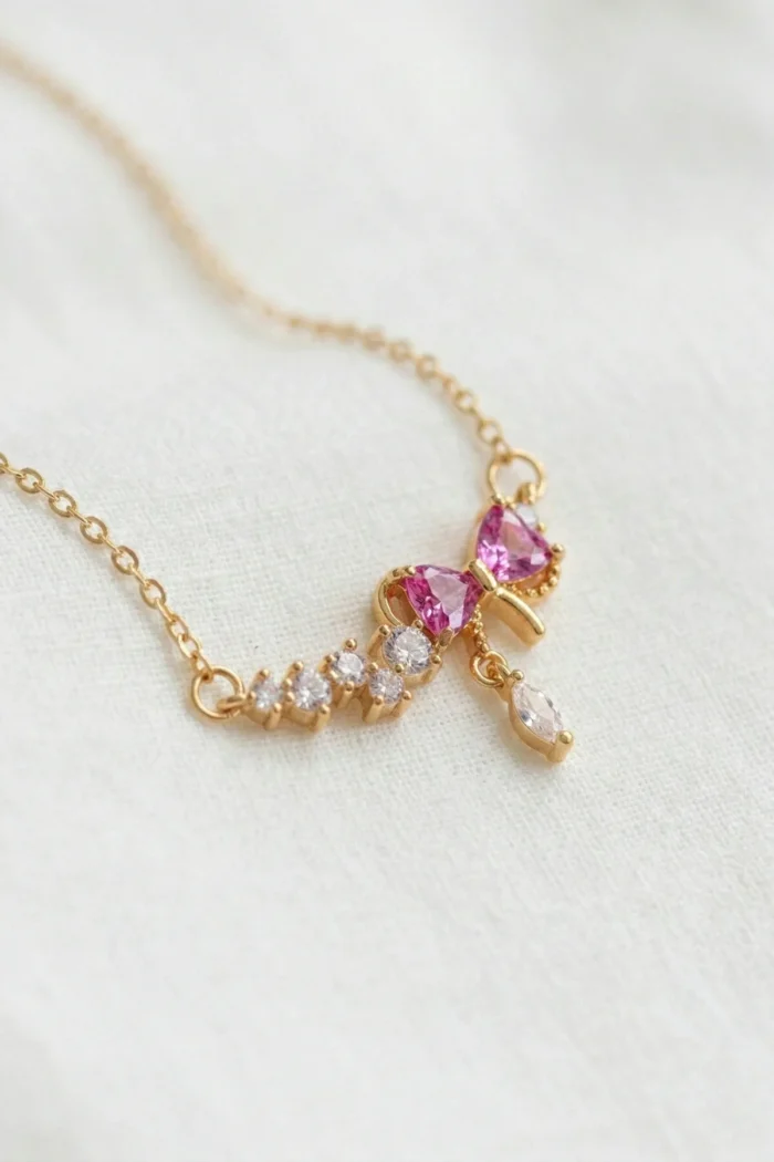 Fiyonk Model Pembe Zirkon Taşlı Çelik Kolye