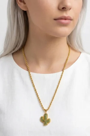 Kaktüs Model Yeşil Zirkon Taşlı Gold Renk Paslanmaz Çelik Kadın Kolye- 60+5 cm