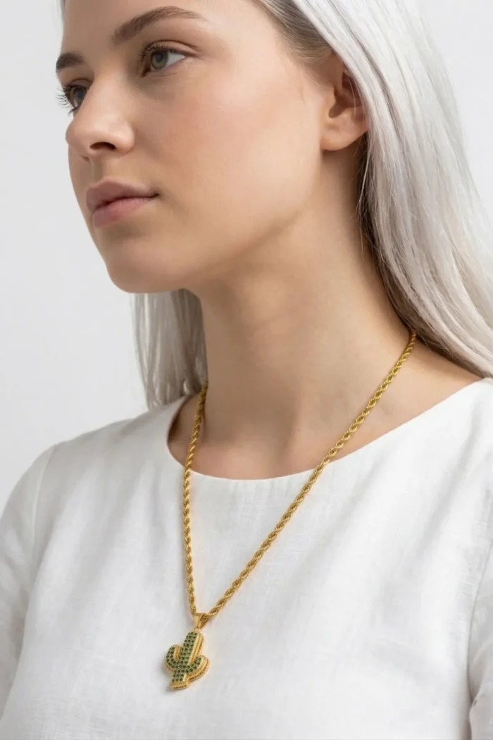 Kaktüs Model Yeşil Zirkon Taşlı Gold Renk Paslanmaz Çelik Kadın Kolye- 60+5 cm