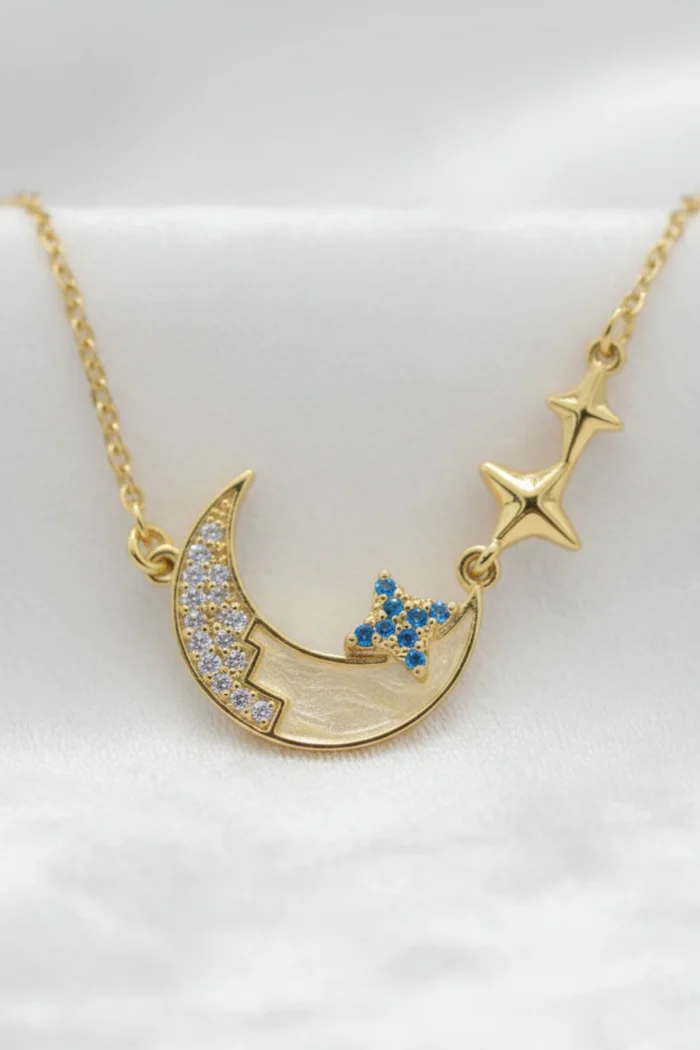 Ay ve Yıldız Model Zirkon Taşlı Çelik Kolye