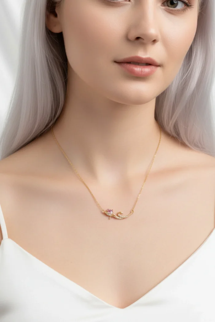 Lale Model Pembe Sedefli Zirkon Taşlı Çelik Kolye