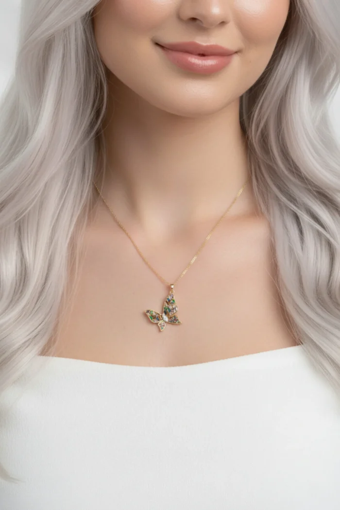 Kelebek Model Renkli Sedefli Zirkon Taşlı Çelik Kolye
