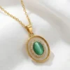 Oval Model Yeşil Mineli Zirkon Taşlı Çelik Kolye