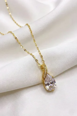 Damla Model Zirkon Taşlı Paslanmaz Çelik Gold Renk Kadın Kolye