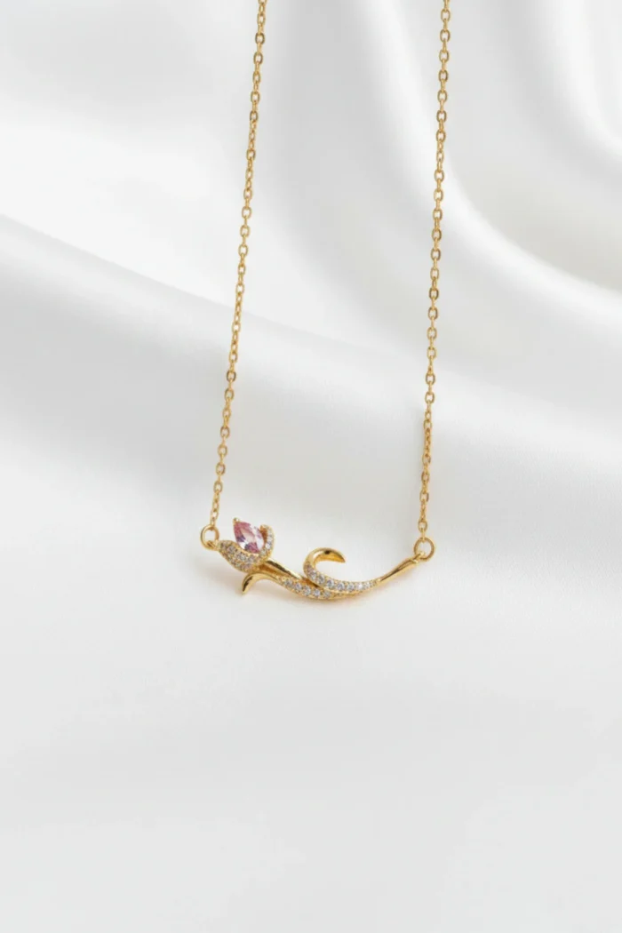 Lale Model Pembe Sedefli Zirkon Taşlı Çelik Kolye