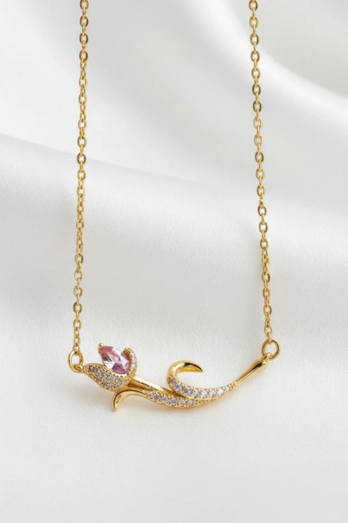 Lale Model Pembe Sedefli Zirkon Taşlı Çelik Kolye