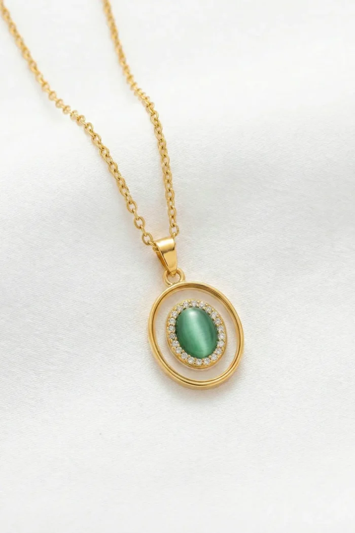 Oval Model Yeşil Mineli Zirkon Taşlı Çelik Kolye