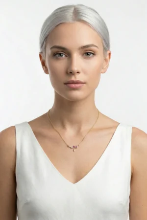 Fiyonk Model Pembe Zirkon Taşlı Çelik Kolye