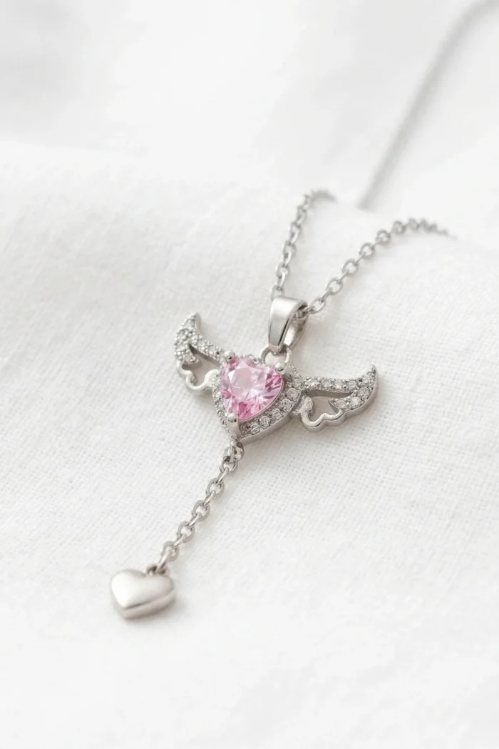 Kalpli Kanat Model Pembe Zirkon Taşlı Çelik Kolye Kalpli Kanat Model Pembe Zirkon Taşlı Çelik Kolye