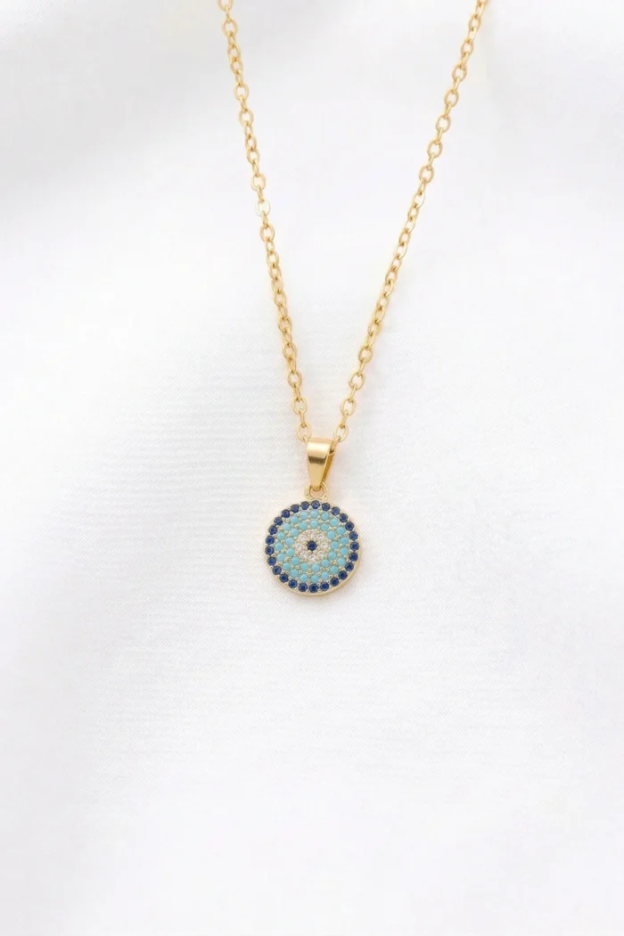Nazar Boncuğu Model Renkli Taşlı Çelik Kolye