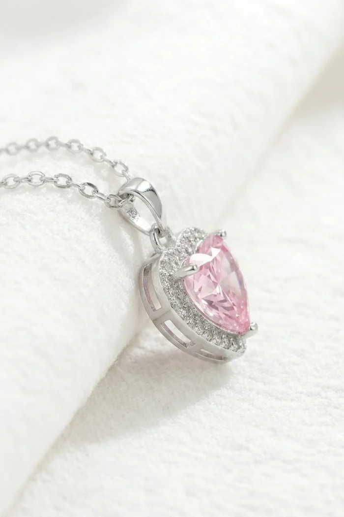 Kalp Model Pembe Zirkon Taşlı Çelik Kolye