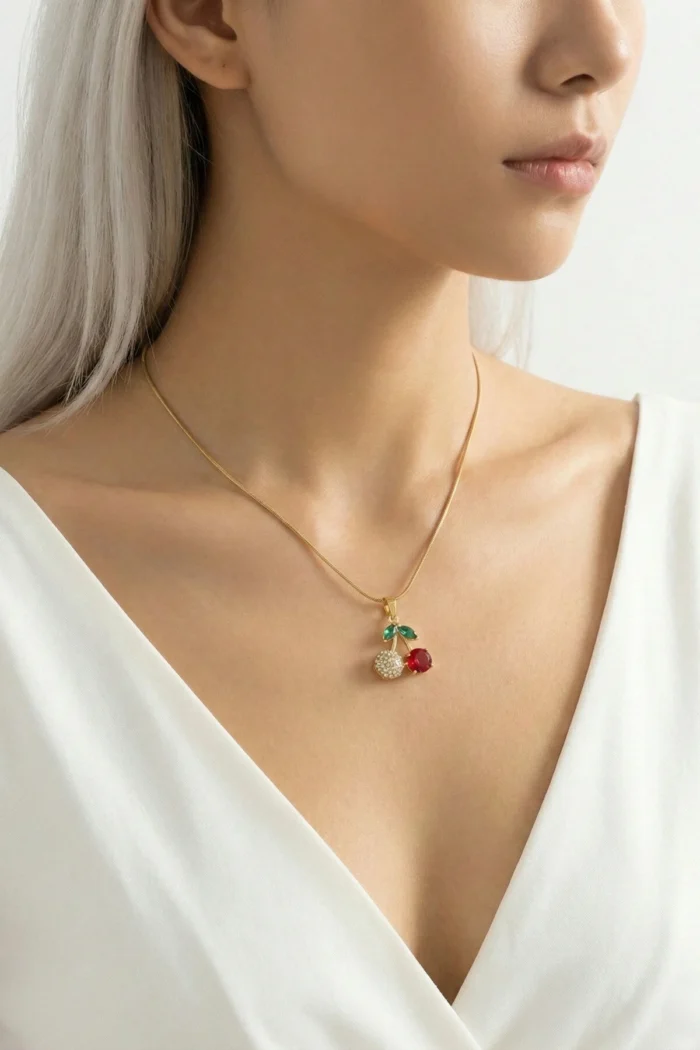 Kiraz Model Zirkon Taşlı Çelik Kolye