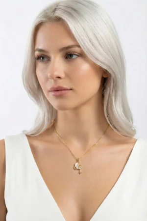 Kayar Yıldız ve Ay Model Beyaz Mineli Çelik Kolye