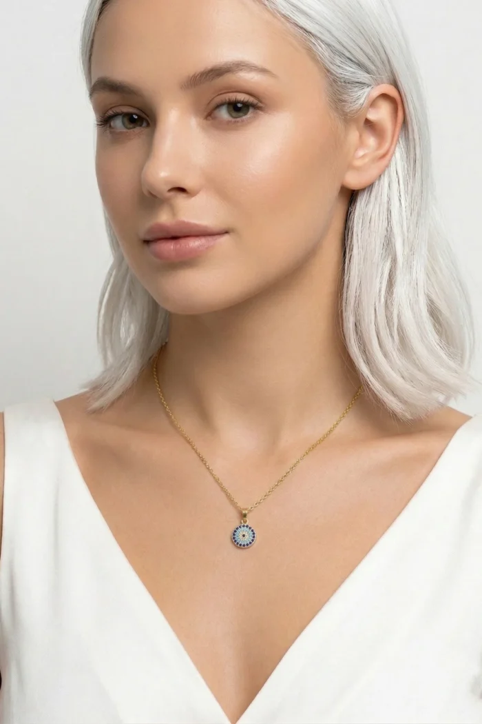 Nazar Boncuğu Model Renkli Taşlı Çelik Kolye