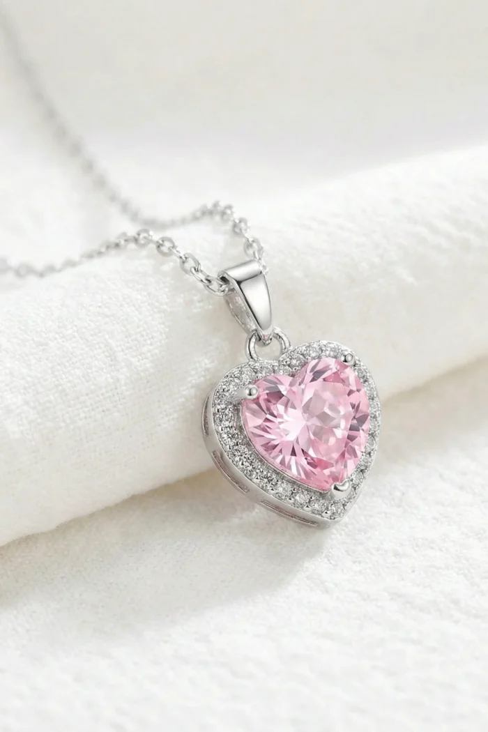 Kalp Model Pembe Zirkon Taşlı Çelik Kolye