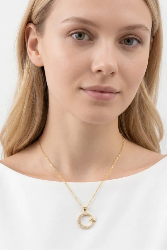 Ay Yıldız Model Zirkon Taşlı Çelik Kolye
