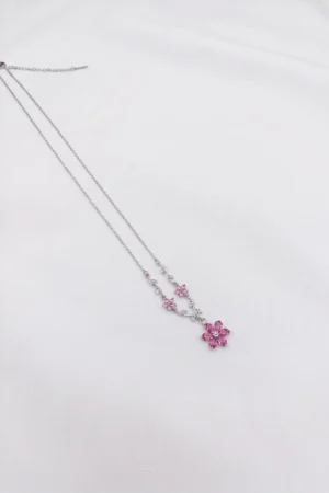 Lotus Çiçeği Model Pembe Zirkon Taşlı Çelik Kolye