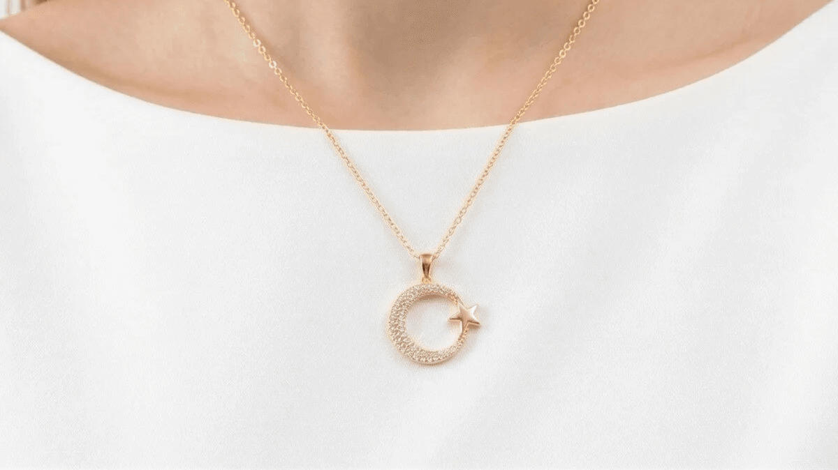 Ay Yıldız Model Zirkon Taşlı Çelik Kolye